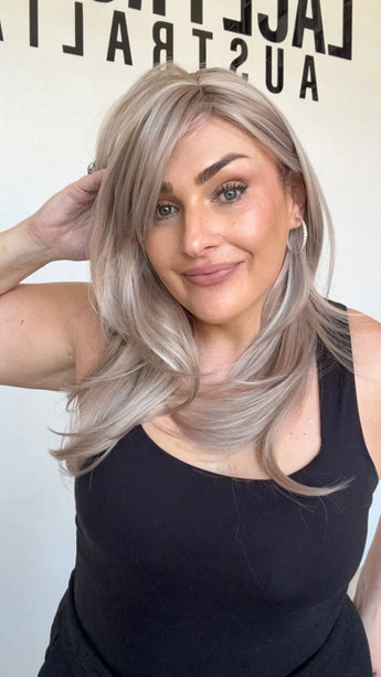 heat safe, glueless synthetic, middle part with layers, lilac toned hair.