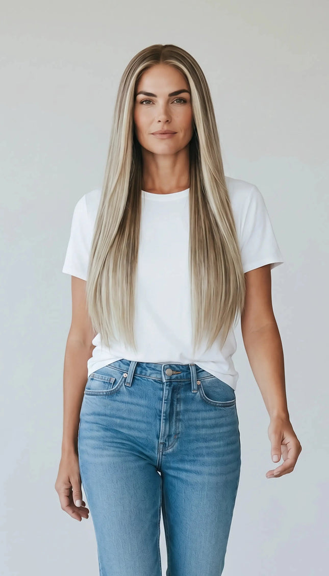 long straight blonde human hair lace front wig for hairloss and alopecia.