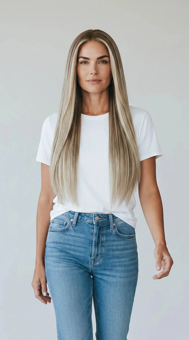 long straight blonde human hair lace front wig for hairloss and alopecia.