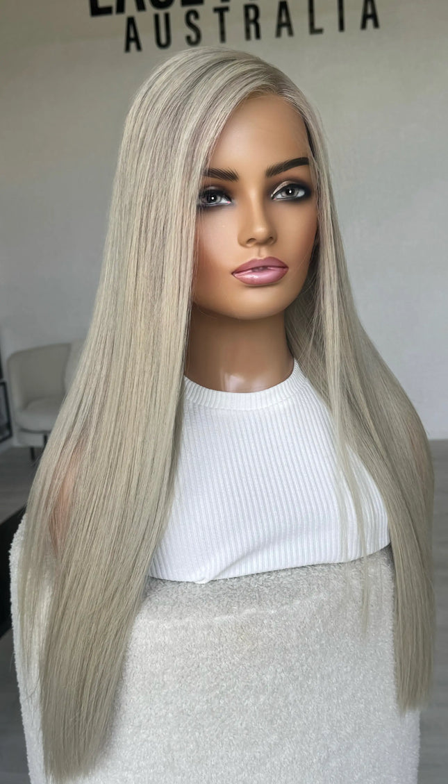 Human hair 26 inch long platinum blonde hair, side part wig. 