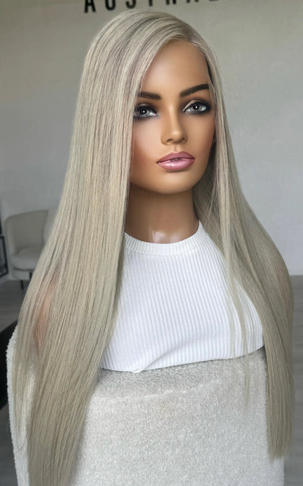 Human hair 26 inch long platinum blonde hair, side part wig. 