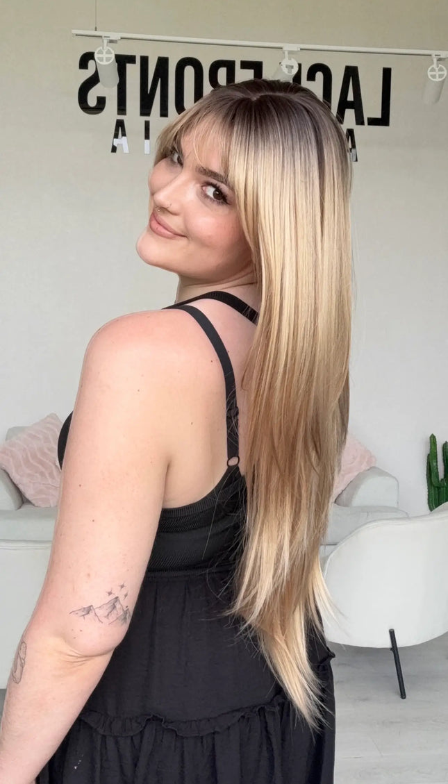 long blonde heat safe wig for women with hairloss, designed for everyday wear.