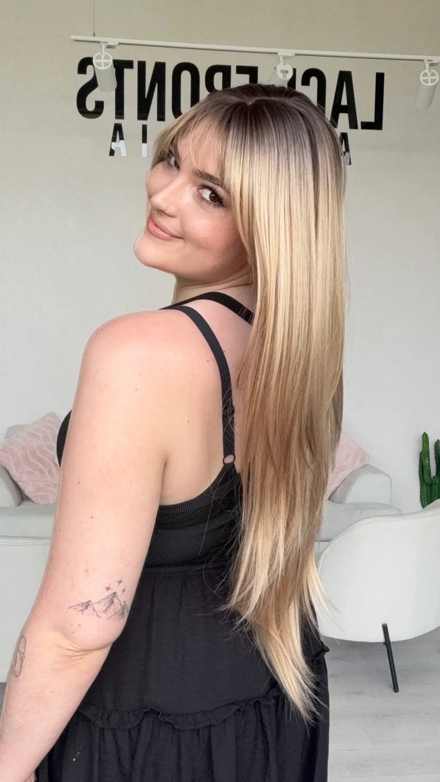 long blonde heat safe wig for women with hairloss, designed for everyday wear.