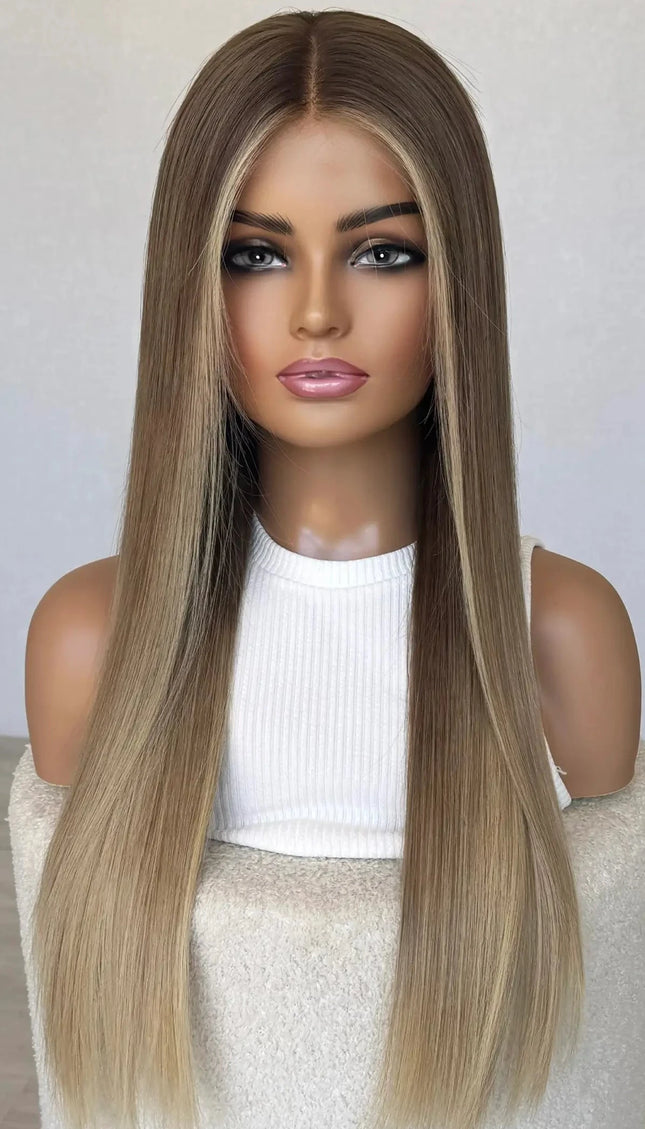 long length straight blonde ombre coloured human hair lace front wig for hairloss, alopecia and chemotherapy.