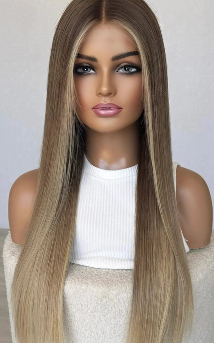long length straight blonde ombre coloured human hair lace front wig for hairloss, alopecia and chemotherapy.