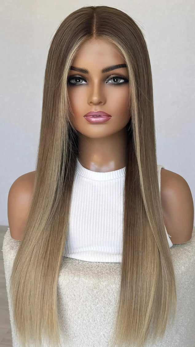 long length straight blonde ombre coloured human hair lace front wig for hairloss, alopecia and chemotherapy.
