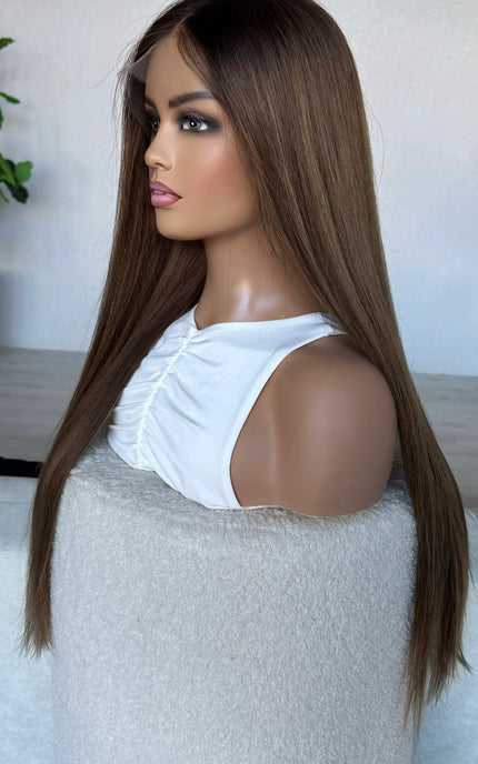 side on view, half hair back, 28 inch length hair, darker root, netural brunette gold unertone