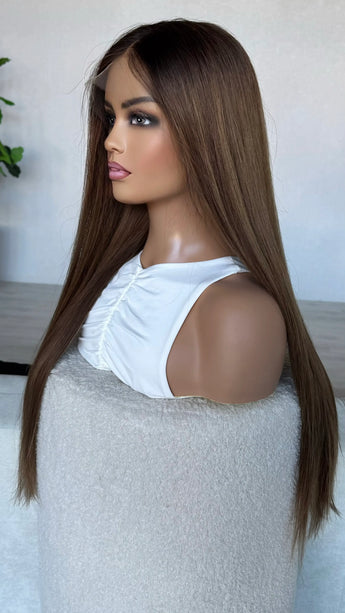 side on view, half hair back, 28 inch length hair, darker root, netural brunette gold unertone