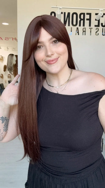 long length burgundy coloured heat safe synthetic wig. 