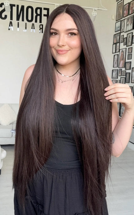 long dark brown synthetic wig with glueless cap for hairloss.
