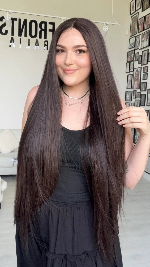 long dark brown synthetic wig with glueless cap for hairloss.