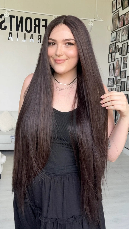 long dark brown synthetic wig with glueless cap for hairloss.