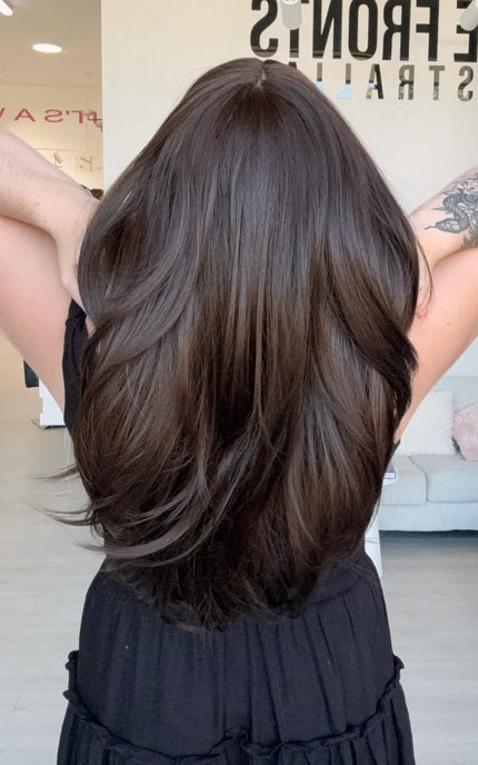 long length layered brunette hair, heat safe synthetic wig.
