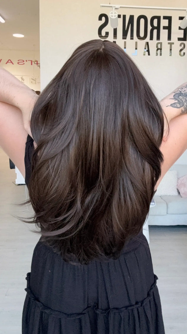 long length layered brunette hair, heat safe synthetic wig.