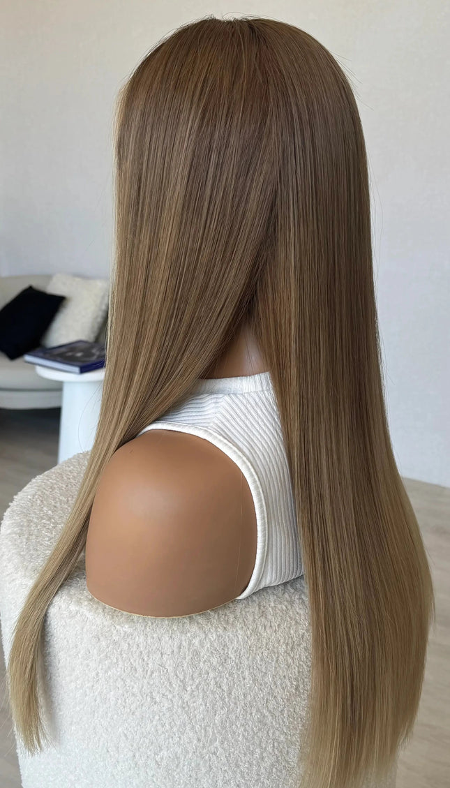 glueless natural looking lace front wig with long length blonde ombre coloured human hair.