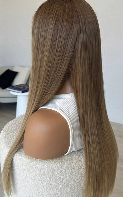 glueless natural looking lace front wig with long length blonde ombre coloured human hair.