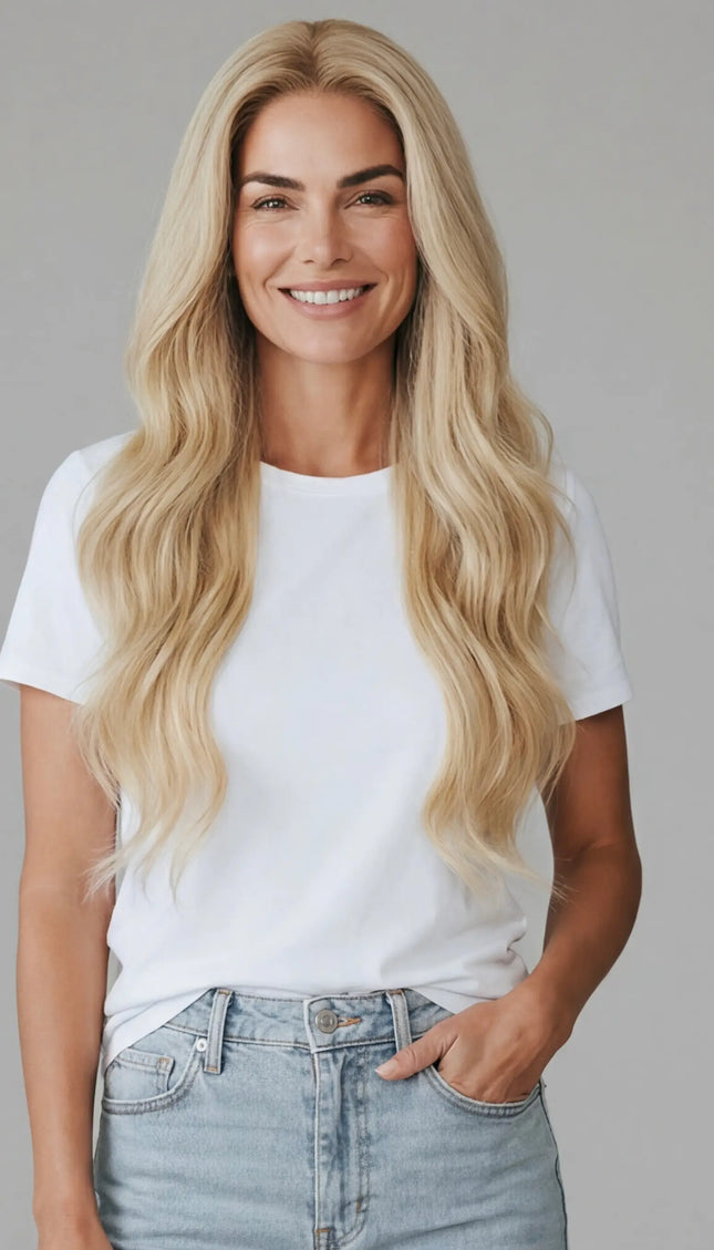 long blonde wavy human hair lace front wig for women with hairloss, alopecia and chemotherapy.