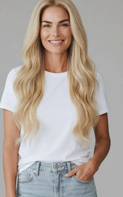 long blonde wavy human hair lace front wig for women with hairloss, alopecia and chemotherapy.
