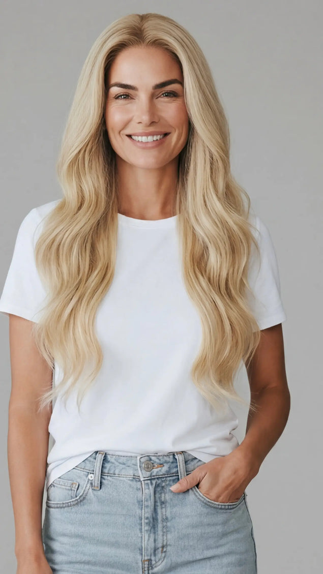 long blonde wavy human hair lace front wig for women with hairloss, alopecia and chemotherapy.