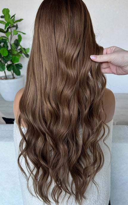 long length brunette wavy hair lace front wig.