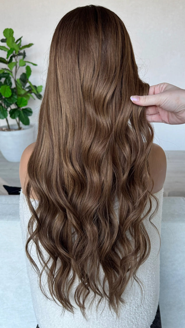 long length brunette wavy hair lace front wig.
