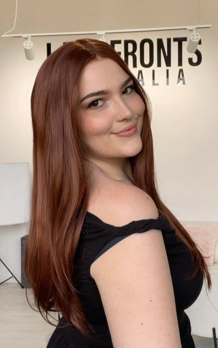 soft red lace front wig, long straight hair, glueless wig, australia.