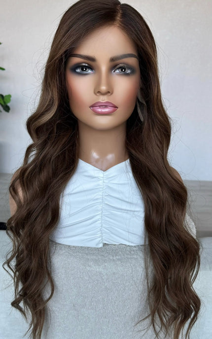 golden brown wavy human hair medical grade wig for women with hairloss, alopecia and chemotherapy.
