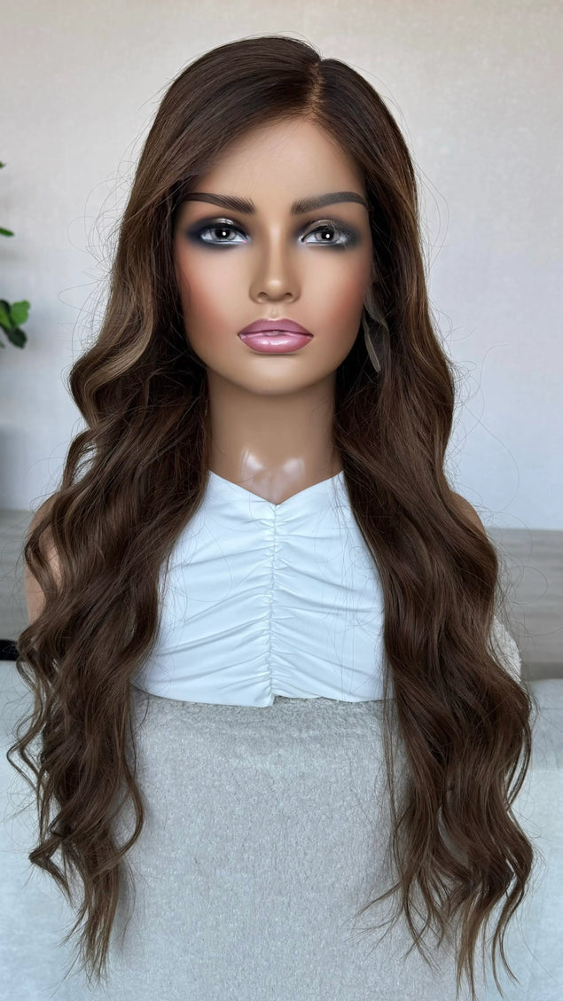 golden brown wavy human hair medical grade wig for women with hairloss, alopecia and chemotherapy.