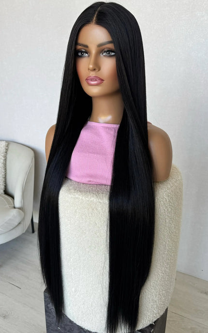 long black hair 30 inches. middle part, t-part lacefront cap. heat safe synthetic hair australia.