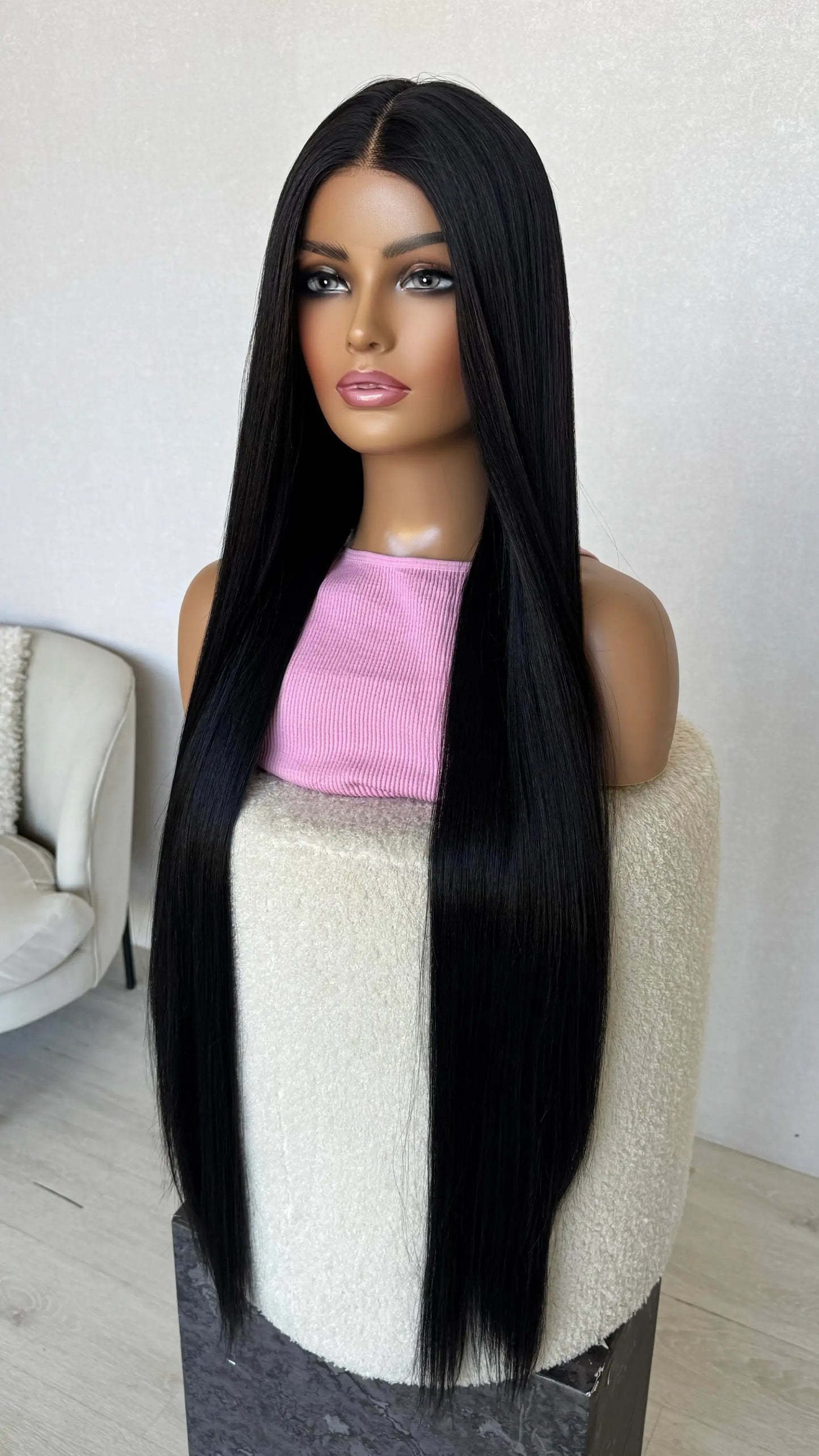 long black hair 30 inches. middle part, t-part lacefront cap. heat safe synthetic hair australia.