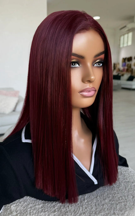 lace red wig for hairloss, glueless cap and heat safe synthetic hair.