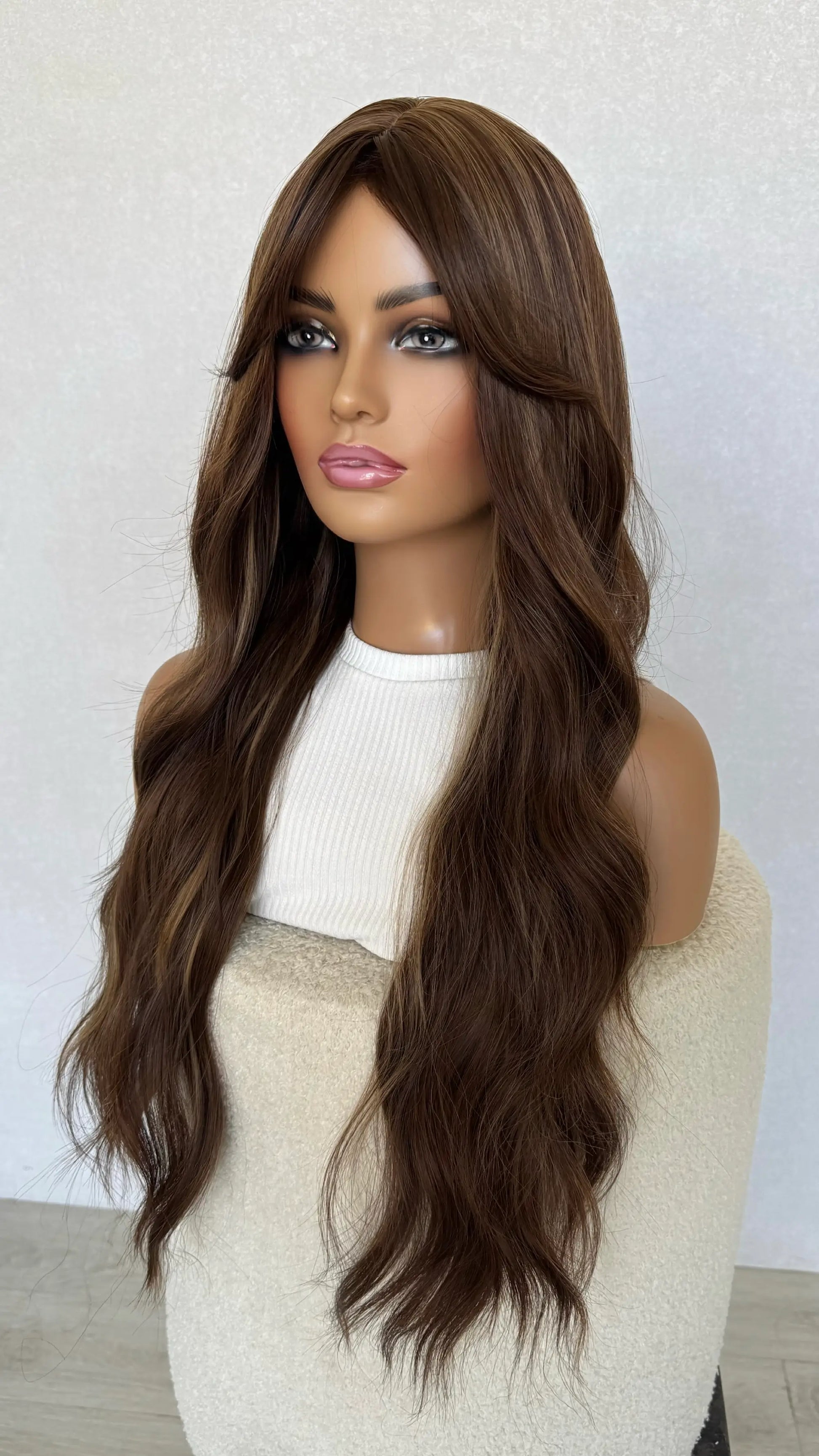 warm copper brunette wig, middle part wavy hair, heat safe synthetic.