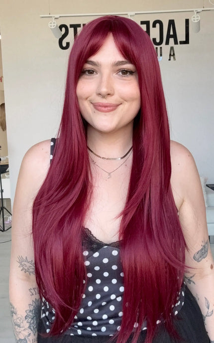 middle part, with fringe and burgundy coloured hair. heat safe synthetic wig, australia.