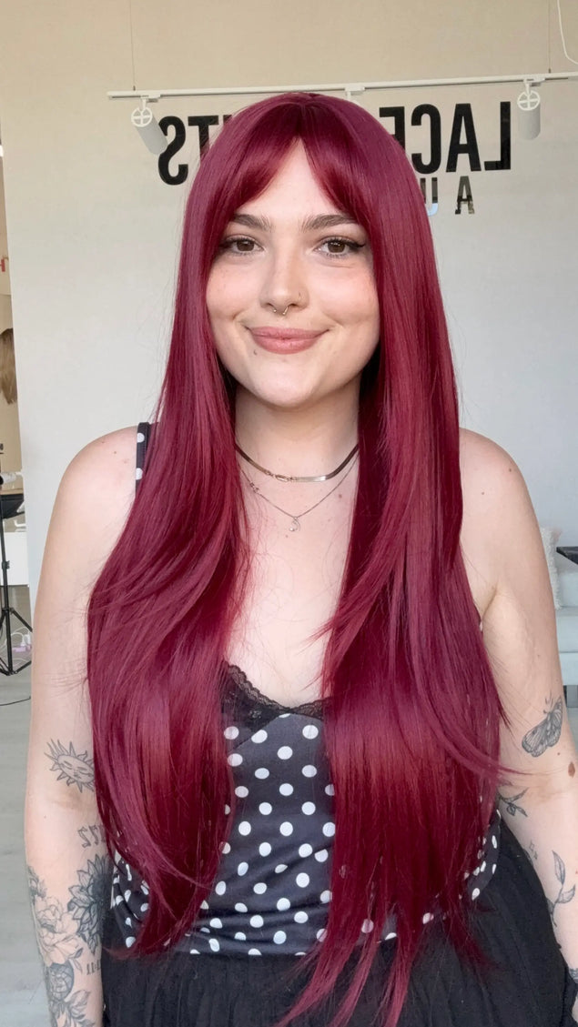 middle part, with fringe and burgundy coloured hair. heat safe synthetic wig, australia.