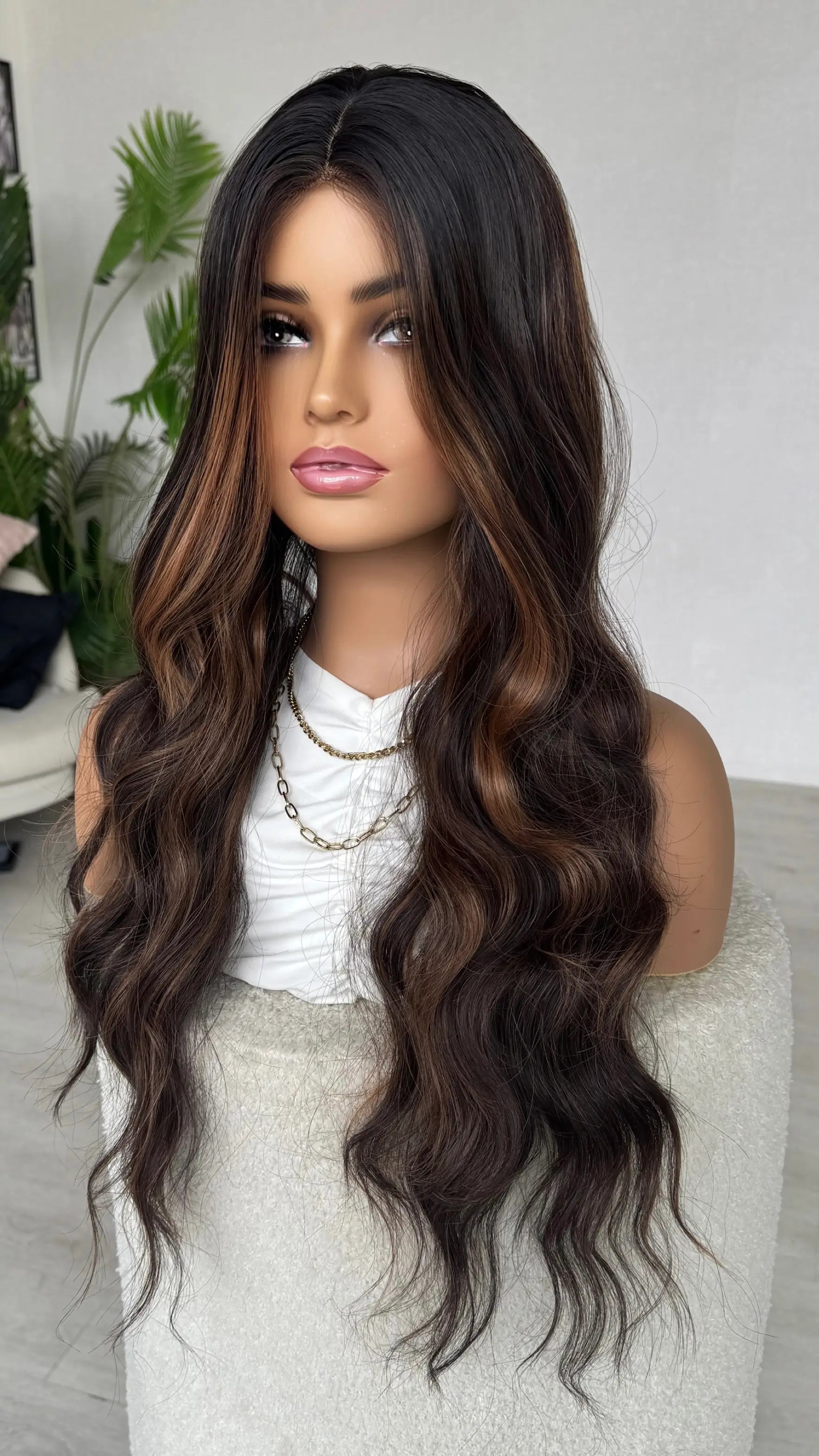 long brunette hair wig, middle part, highlights, heat safe synthetic hair.