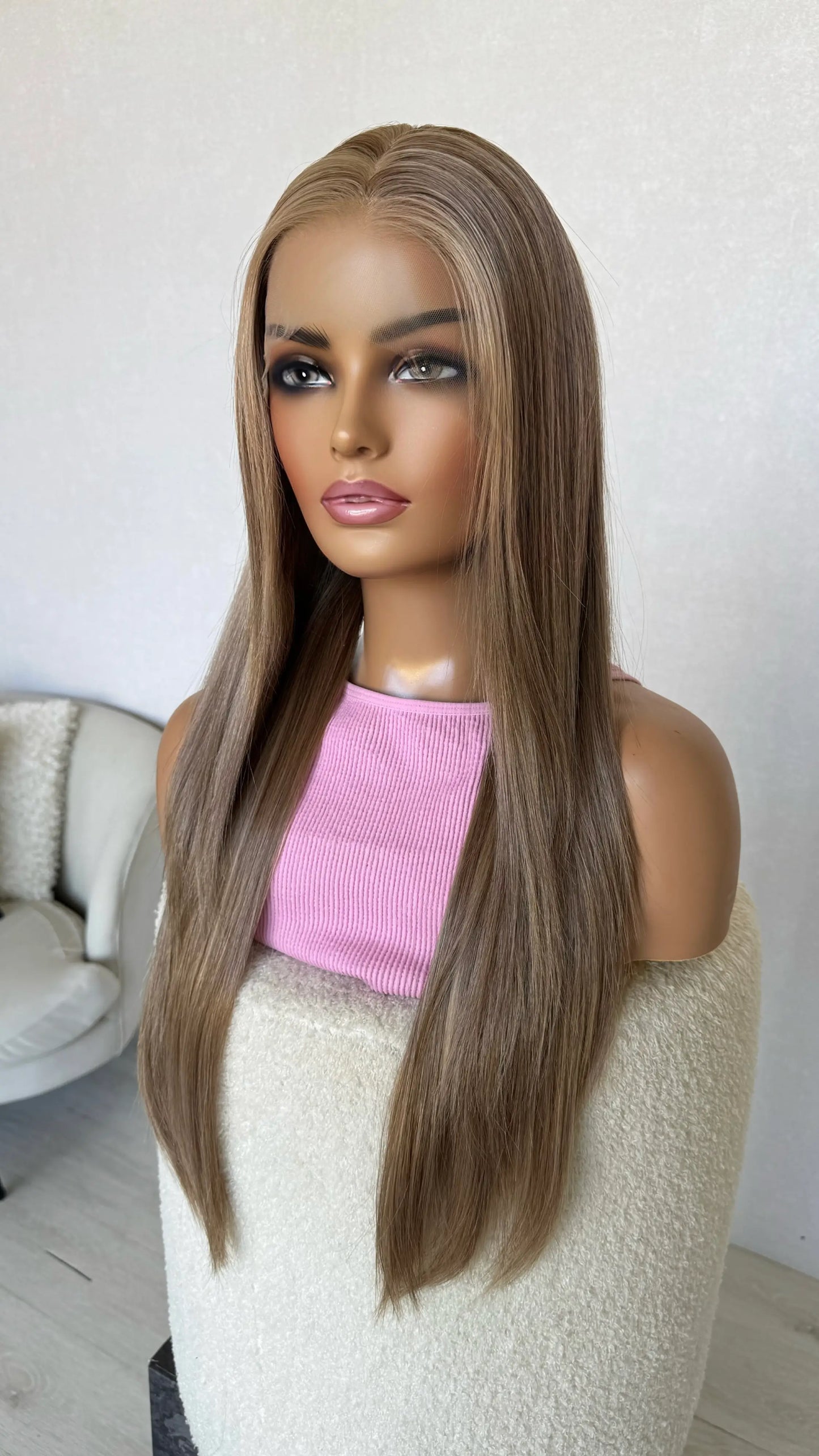 long length lacefront, dark golden blonde hair, low density wig.