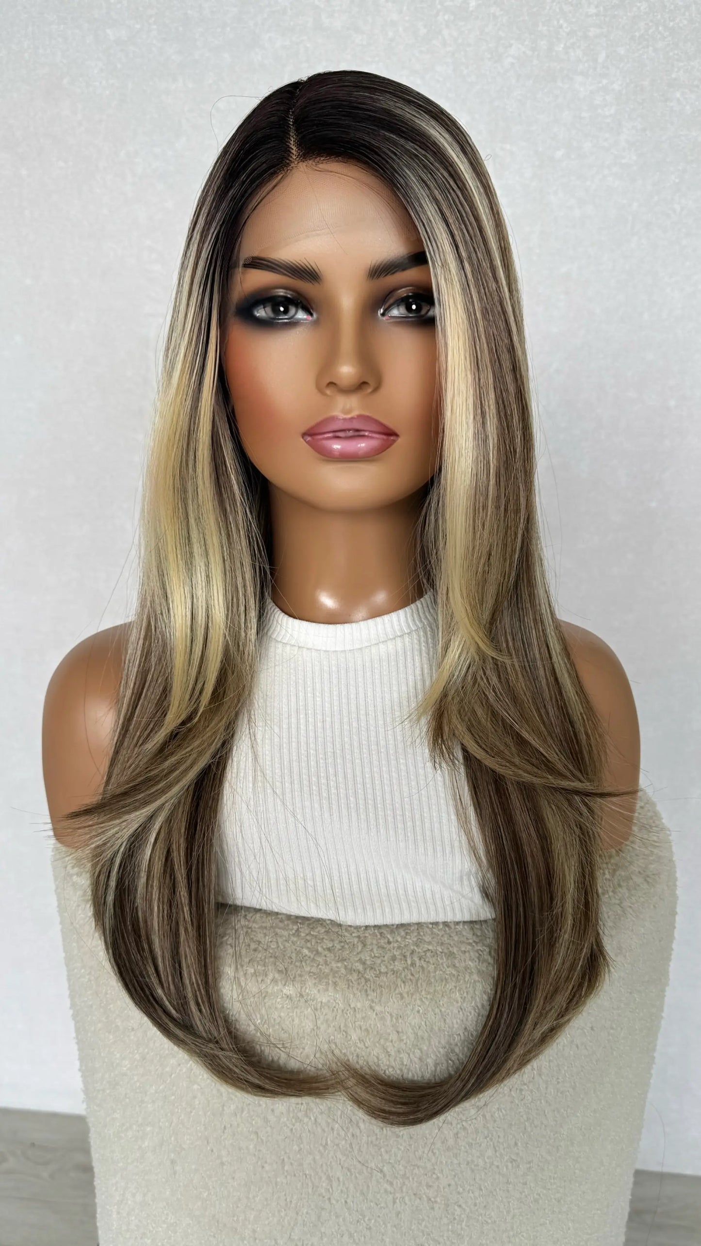 long layered hair, side part, darker root to multitoned blonde lacefront wig, australia.