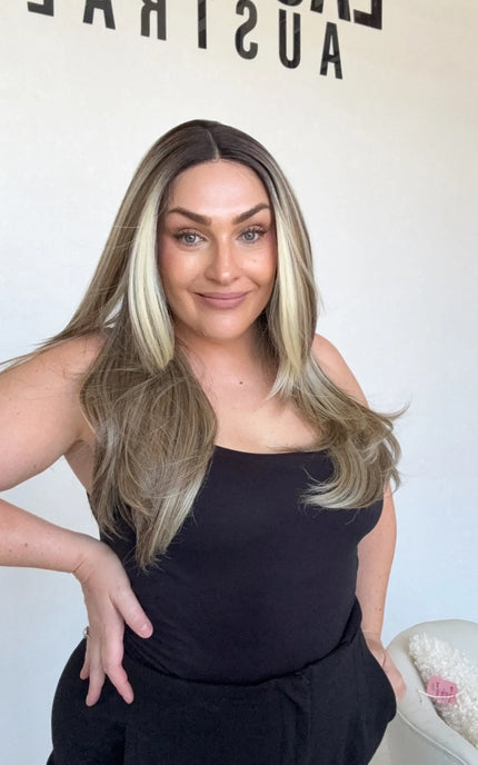 synthetic hair wig, darker root long layers, middle part, heat safe wig, australia, gold coast wigs.
