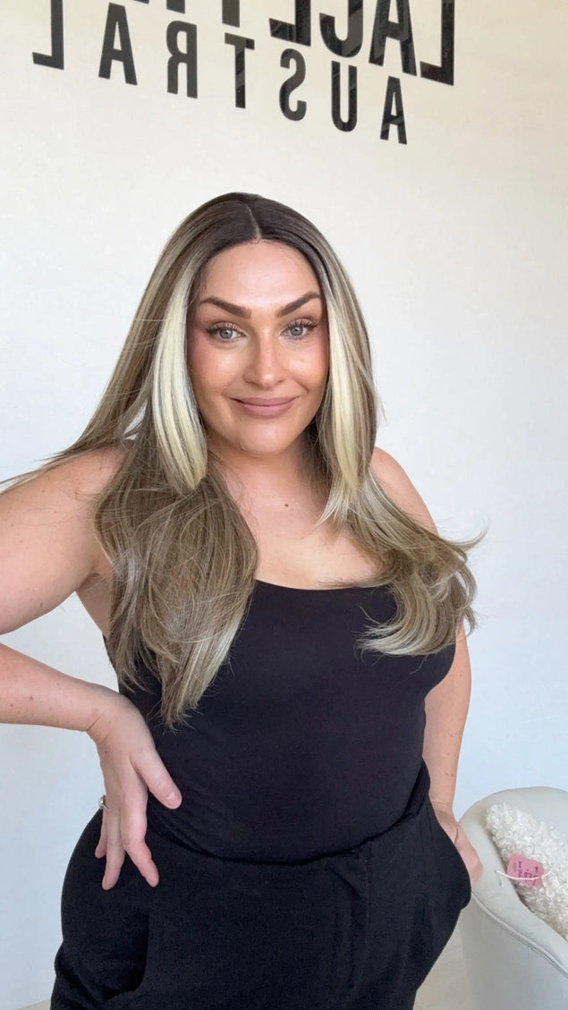 synthetic hair wig, darker root long layers, middle part, heat safe wig, australia, gold coast wigs.