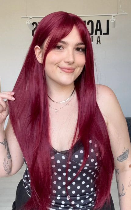 long length natural looking synthetic wig with heat safe burgundy hair, australia.