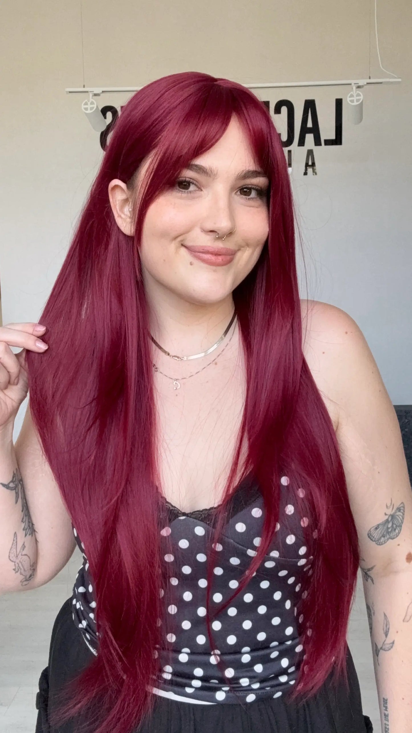long length natural looking synthetic wig with heat safe burgundy hair, australia.