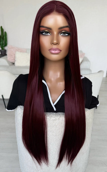 long length lace front dark red wig for hairloss.