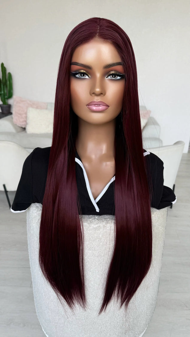 long length lace front dark red wig for hairloss.