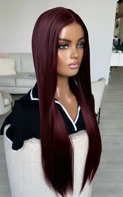 dark red long length lace front wig for women with hairloss, alopecia