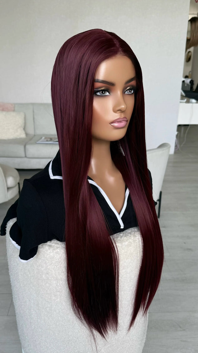 dark red long length lace front wig for women with hairloss, alopecia