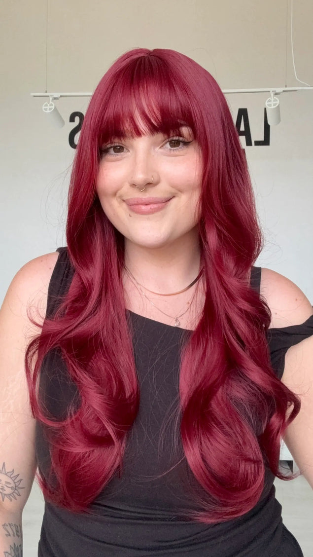 long length red hair with middle part and fringe, wigs for hairloss, alopecia, chemotherapy.