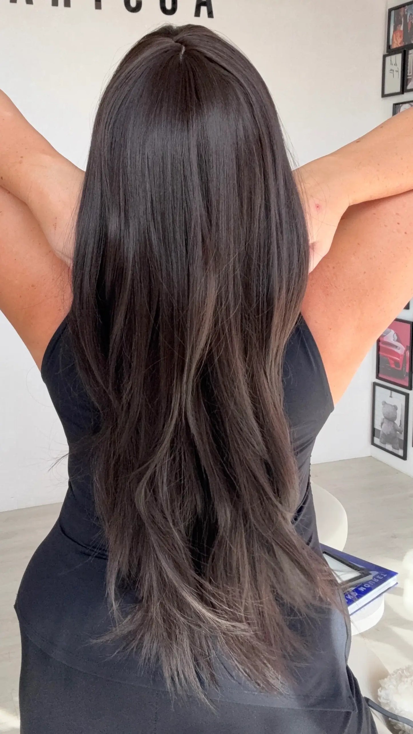 middle part long layered hair, dark brunette heat safe wig.