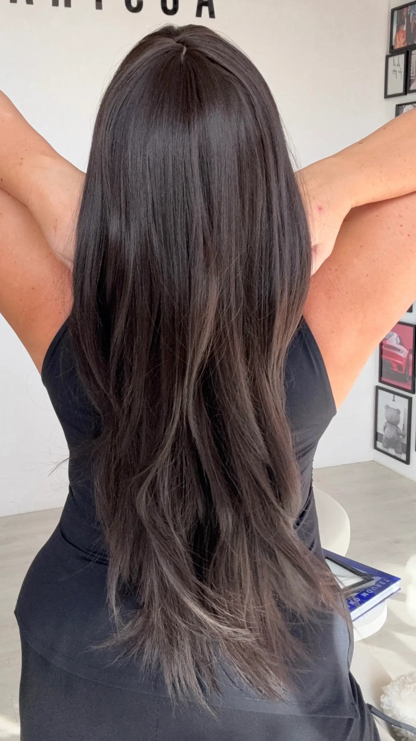 middle part long layered hair, dark brunette heat safe wig.