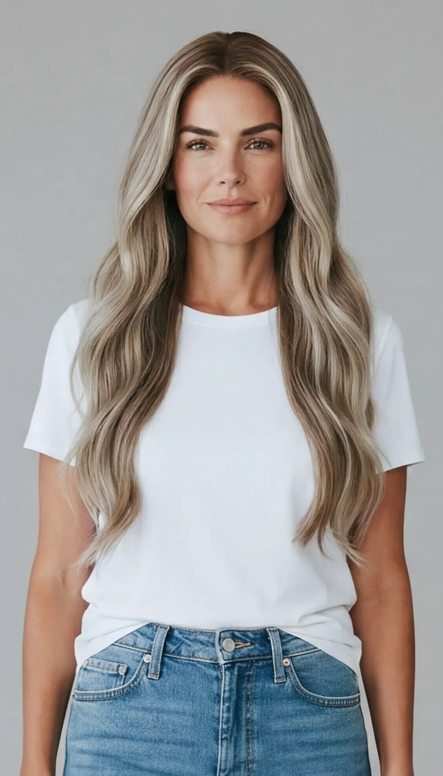 a natural looking long human hair wig for hairloss, alopecia, chemotherapy.