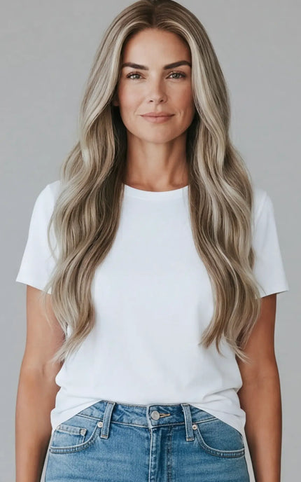 a natural looking long human hair wig for hairloss, alopecia, chemotherapy.